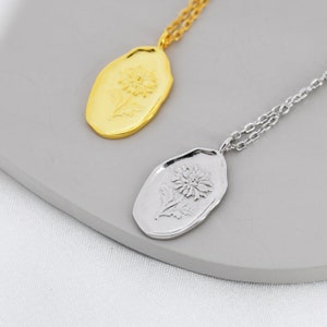 Collier pendentif ovale fleur de chrysanthème en argent sterling, argent ou or, fleur de naissance de novembre, collier fleur inspiré de la nature