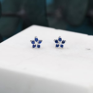 Very Small Sapphire Blue CZ Flower Stud Earrings in Sterling Silver, Silver or Gold, Forget Me Not Crystal Flower Earrings, Stacking Earring