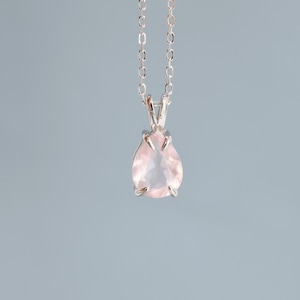 Genuine Rose Quartz Pear Cut Necklace in Sterling Silver, 7 x 9mm, Natural Real Pink Rose Quartz Droplet necklace