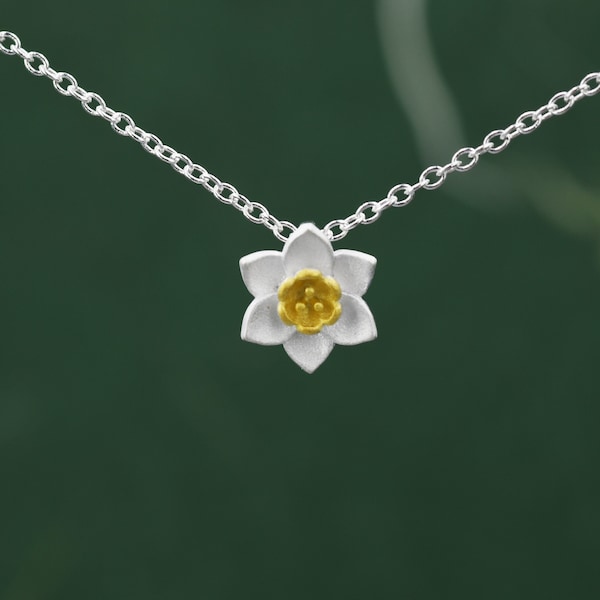 Sterling Silver Tiny Little Daffodil Flower Blossom Pendant Necklace with 18ct Gold Plating - Cute and Whimsical Jewellery