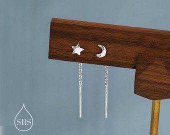 Sterling Silver Moon and Star Threader Earrings, Moon and Star Ear Threaders, Celestial Jeweller