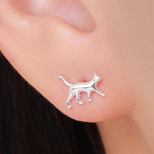 Cat Stud Earrings in Sterling Silver, Frosted Finish, Cute Dainty Minimal Jewellery, Cat Earrings