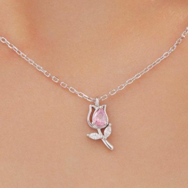 Tiny CZ Tulip Flower Pendant Necklace in Sterling Silver, Silver or Gold or Rose Gold, CZ Flower Necklace, CZ Floral Necklace