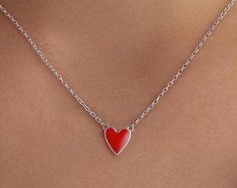 Red Enamel Heart Pendant Necklace in Sterling Silver, Red Heart Necklace, Dainty and Tiny