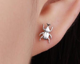 Tiny Little Stag Beetle Stud Earrings in Sterling Silver, Silver or Gold, Beetle Earrings, Bugs Earrings, Bugs Stud
