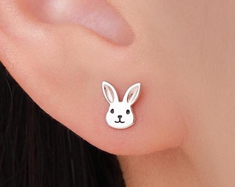 Graziosi orecchini a forma di testa di coniglio in argento sterling, argento e oro rosa, orecchini a bottone a forma di coniglio, orecchini a forma di testa di coniglio, orecchini a forma di animale