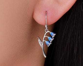 Sterling Silver Bluebell Flower Drop Dangle Earrings with Enamel, Tiny Dainty Dangle Bluebell Flower Earrings,  Spring Flowers