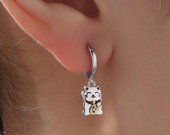 Super Cute Japanese Maneki-neko Cat Huggie Earrings in Sterling Silver -  Cute Money Cat, Waving Cat Hoops