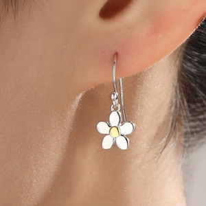 Forget-me-not Flower Drop Hook Earrings in Sterling Silver, Partial Gold, Flower hoop Earrings, Forget-me-not Floral Earrings