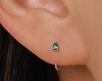 Emerald Green Tiny Droplet CZ Open Huggie Hoop Earrings in Sterling Silver