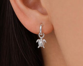 Sterling Silver Sea Turtle Huggie Hoops, Silver, Gold or Rose Gold, Detachable Cute Turtle Hoop Earrings, Ocean Creature Earrings