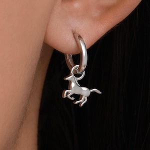 Sterling Silver Cute Horse Dangle Huggie Hoops, Detachable Horse Hoop Earrings, Dainty Dangle Earrings, Horse Earrings