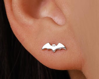 Tiny Bat Stud Earrings in Sterling Silver, Silver or Gold, Simple Bat Earrings, Stacking Earrings, Animal Earrings