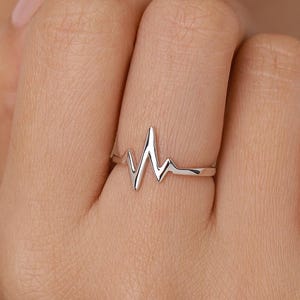 Puede incluir: Un anillo plateado con un diseño minimalista de latido del corazón. El diseño del anillo es una representación estilizada de un electrocardiograma, con una banda delgada y una forma de onda prominente. El anillo se muestra en un dedo.