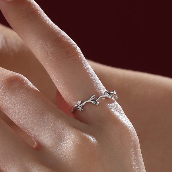 Minimalist Olive Branch Ring in Sterling Silver, Adjustable Olive Leaf Ring, Botanical RIng