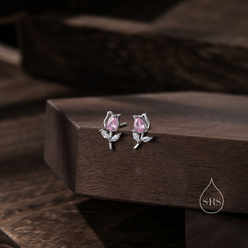 Pendientes de plata de ley con flor de tulipán CZ, plata, oro u oro rosa, pendientes de tulipán rosa, pendientes florales, pendientes de flores, naturaleza imagen 5