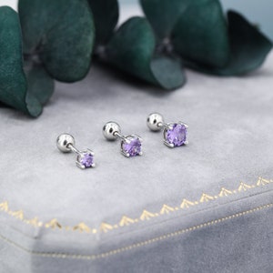 Boucles d'oreilles à fond vissé en ZC violet améthyste en argent sterling, disponible en 3 mm 4 mm 5 mm, Boucles d'oreilles ZC violettes taille brillant, Quatre griffes