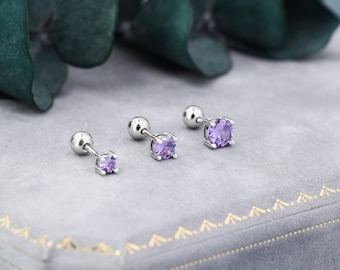 Amethyst Purple CZ Screw Back Earrings in Sterling Silver, Available in 3mm 4mm 5mm, Brilliant Cut Purple CZ Earrings, Four Prong