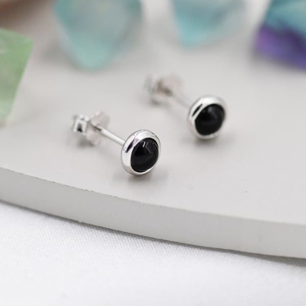 Sterling Silver Black Onyx Stud Earrings,  4mm Genuine Black Onyx Stone, Semi-precious Jewellery