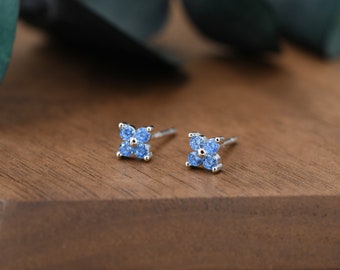Aquamarine Blue CZ Flower Stud Earrings in Sterling Silver, Crystal Flower Earrings, Blue Hydrangea Four Crystal Stud Earrings, Four CZ