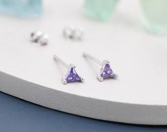 Extra Tiny Amethyst Purple CZ Triangle Stud Earrings in Sterling Silver, Silver or Gold, Dainty Earrings,  Stacking Earrings, CZ Stud