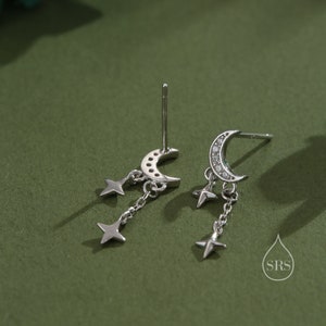 Moon and Dangling Star Stud Earrings in Sterling Silver, Moon and Star Earrings in Sterling Silver, Silver, Gold or Rose Gold image 7