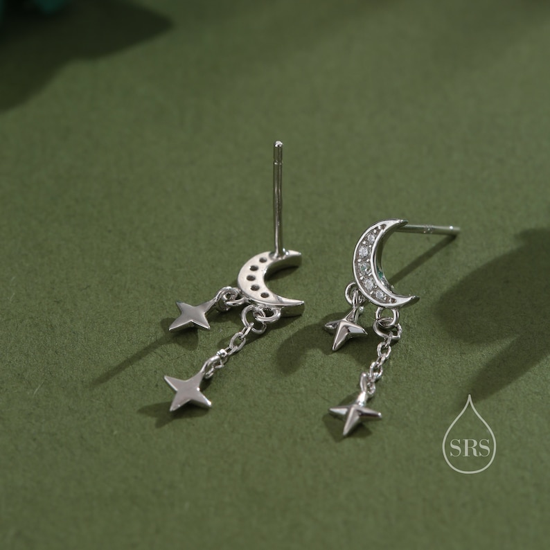 Orecchini a bottone luna e stella pendente in argento sterling, Orecchini a forma di luna e stella in argento sterling, argento, oro o oro rosa immagine 7