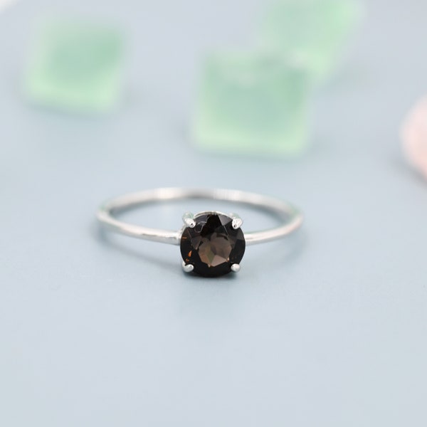 Genuine 1Ct Smoky Quartz Ring in Sterling Silver, Natural Brilliant Cut Smoky Quartz Ring, Stacking Rings, US 5-8