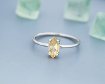 Genuine Yellow Citrine Ring in Sterling Silver, Natural Marquise Cut Citrine Stone Ring, Stacking Rings, US 5-8