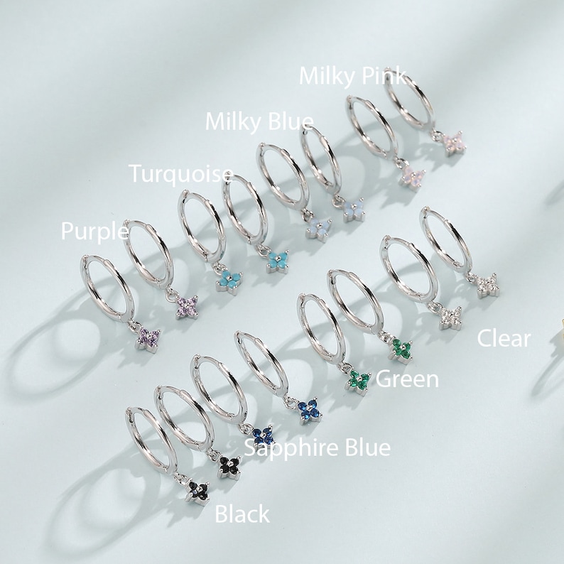 Extra Tiny Hydrangea Flower CZ Huggie Hoop Earrings in Sterling Silver, Silver or Gold, Green, Blue, Pink, Purple or Clear CZ zdjęcie 2