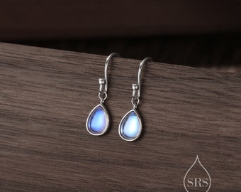 Moonstone Droplet Drop Hook Earrings in Sterling Silver, Delicate Lab Blue Moonestone Earrings, Pear Shape Moonstone Earrings