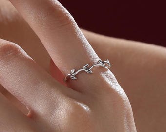 Minimalist Olive Branch Ring in Sterling Silver, Adjustable Olive Leaf Ring, Botanical RIng