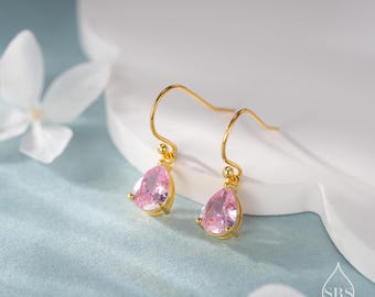 Tourmaline Pink Pear Cut CZ Drop Earrings in Sterling Silver