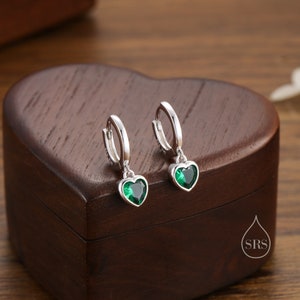 Emerald Green CZ Heart Huggie Hoop in Sterling Silver, Silver or Gold, 8mm Inner Diameter, Stacking Earrings, May Birthstone