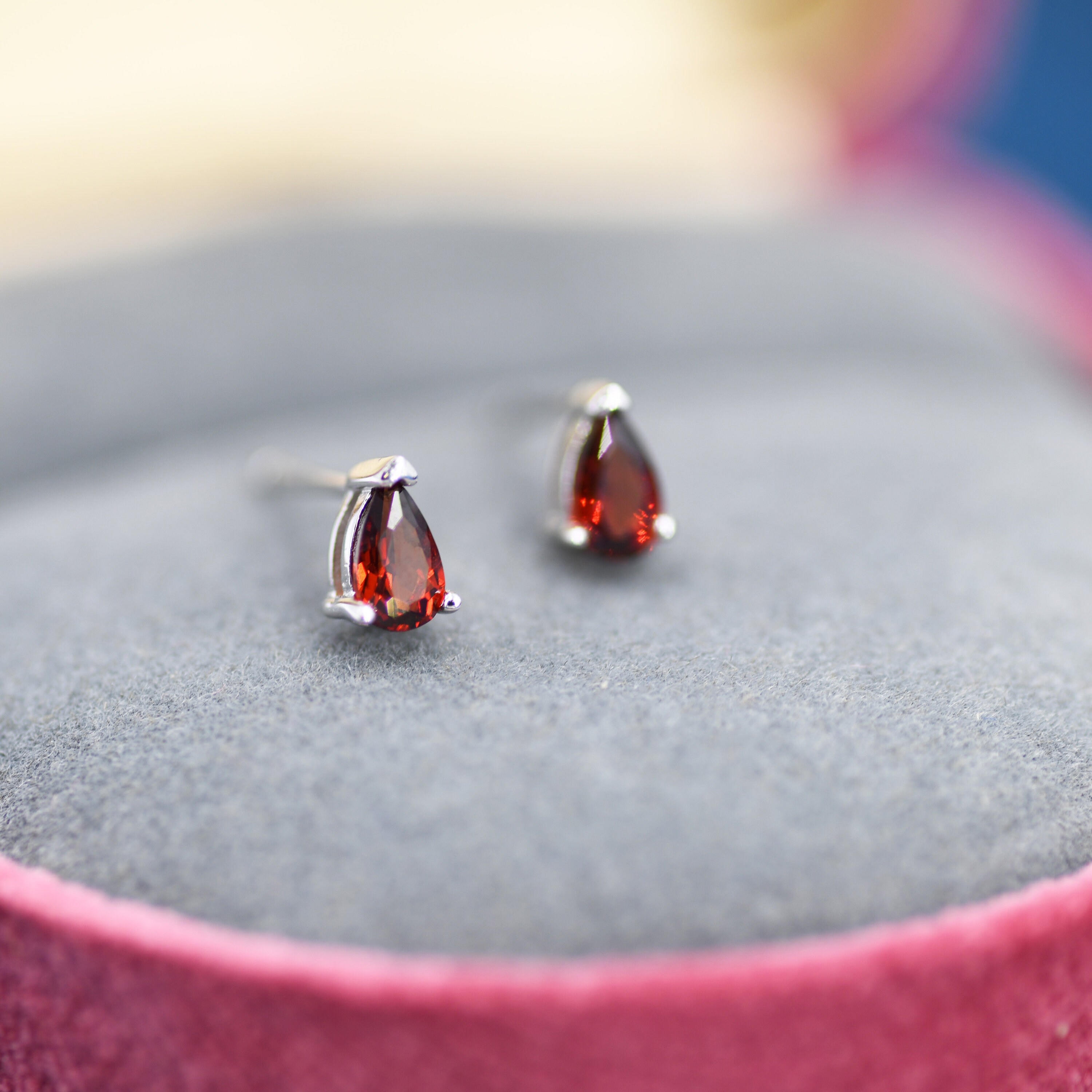 thumbnail interactive-video image 1 of Natural Red Garnet Gemstone Dangle Earrings – Round Flower Design – Silver 1 of 6