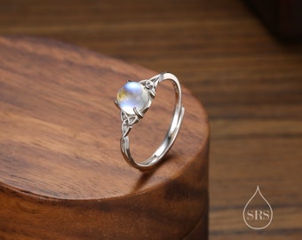 Sterling Silver Celtic Knot Ring with Simulated Moonstone, Adjustable Size, Celestial Jewellery, Dainty and Delicate, Moon Ring