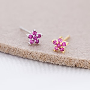 May include: A pair of star-shaped earrings with pink gemstones. One earring is silver and the other is gold.