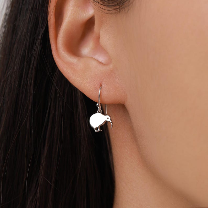 Kiwi Bird Drop Hook Earrings in Sterling Silver, Silver Gold or Rose Gold, Kiwi Bird Earrings image 2