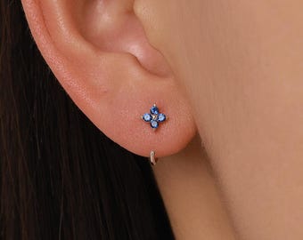 Sterling Silver Sapphire Blue CZ Flower Open Hoop Earrings