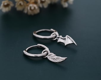 Niepasujące kolczyki-koła Angel and Demon Wing Huggie Hoop ze srebra próby 925, asymetryczne kolczyki-koła ze skrzydłami, kolczyki-koła ze skrzydłami, srebro, złoto lub różowe złoto
