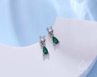 Tiny Emerald Green CZ Dangle Stud Earrings in Sterling Silver with Round and Droplet CZ, Silver or Gold, Two CZ Prong Set Earrings