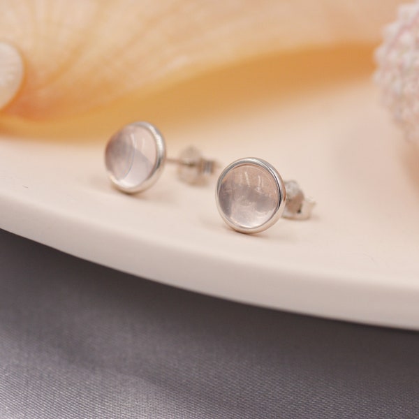 Boucles d’oreilles en cristal de quartz naturel en argent sterling, goujon de quartz rose de 6 mm, pierres précieuses semi-précieuses naturelles