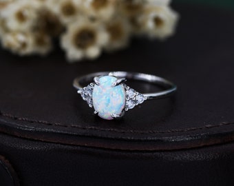 Oval Opal Ring in Sterling Silver, Opal and CZ Ring, Lab Opal Ring, US 6 - 8,  Delicate Opal Stone Ring,