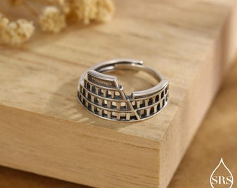 Anillo ajustable de plata de ley inspirado en el Coliseo - Colección Antigua Roma - Anillo llamativo de plata oxidada