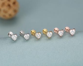 Sterling Silver 4mm Heart Moissanite 16G Flat Back Labret Earrings