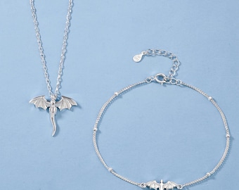 Sterling Silver Flying Dragon Necklace and Bracelet Set