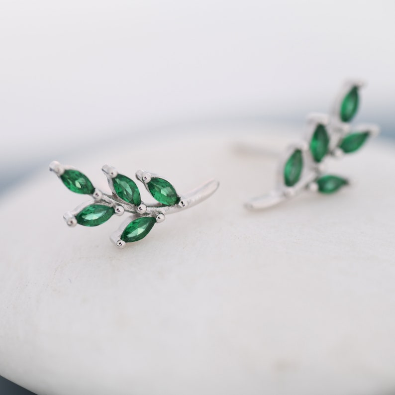 Emerald Green Leaf Stud Earrings in Sterling Silver, Silver or Gold, Olive Branch Earrings, Olive Leaf Earrings, Nature Inspired image 3