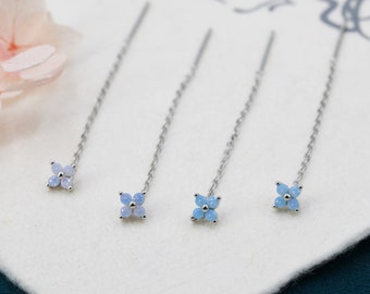 Tiny Hydrangea Flower CZ Threader Pendientes en plata esterlina, plata u oro, rosa azul, cuatro puntos Crystal Ear Threaders, Flower CZ Pendientes