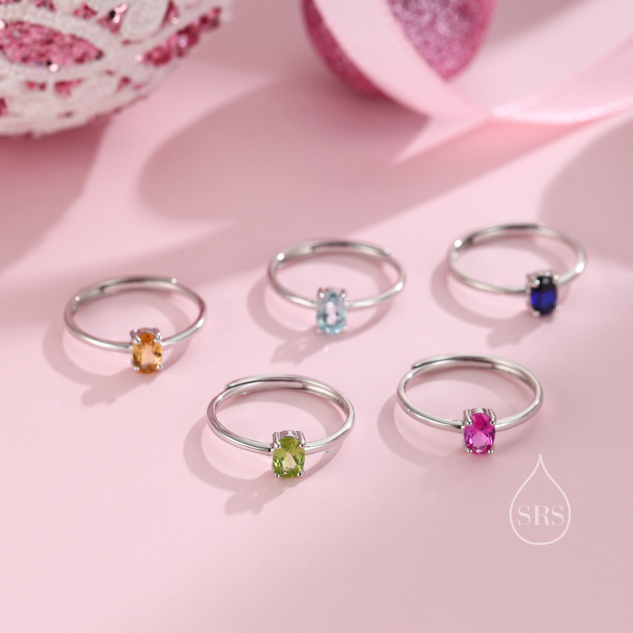 Bague Ajustable En Argent Sterling Rose Avec Rubis Synthétique Ovale - Taille 6 à 9, Neuve Sans Emballage