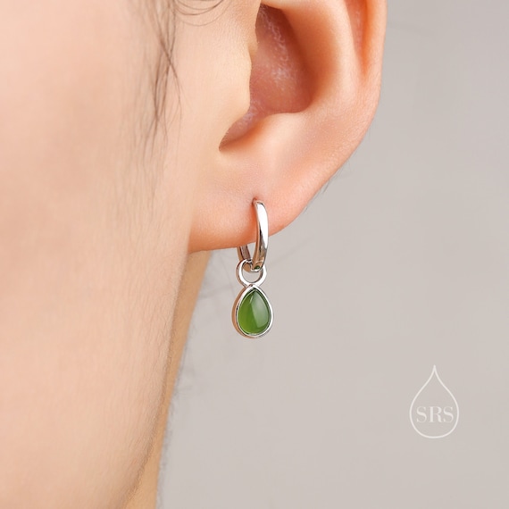 Sterling Silver Dangling Jade Droplet Hoop Earrings